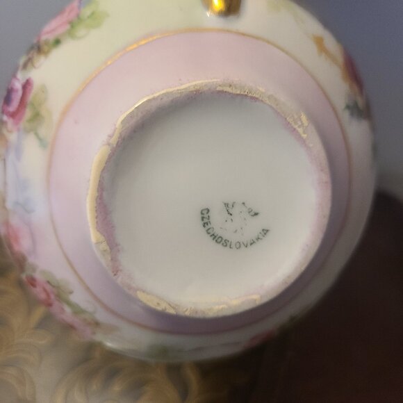 MW Poole Bohemian Porcelain Sugar & Creamer Pink Floral Gold Trim Czechoslovakia - Picture 3 of 8